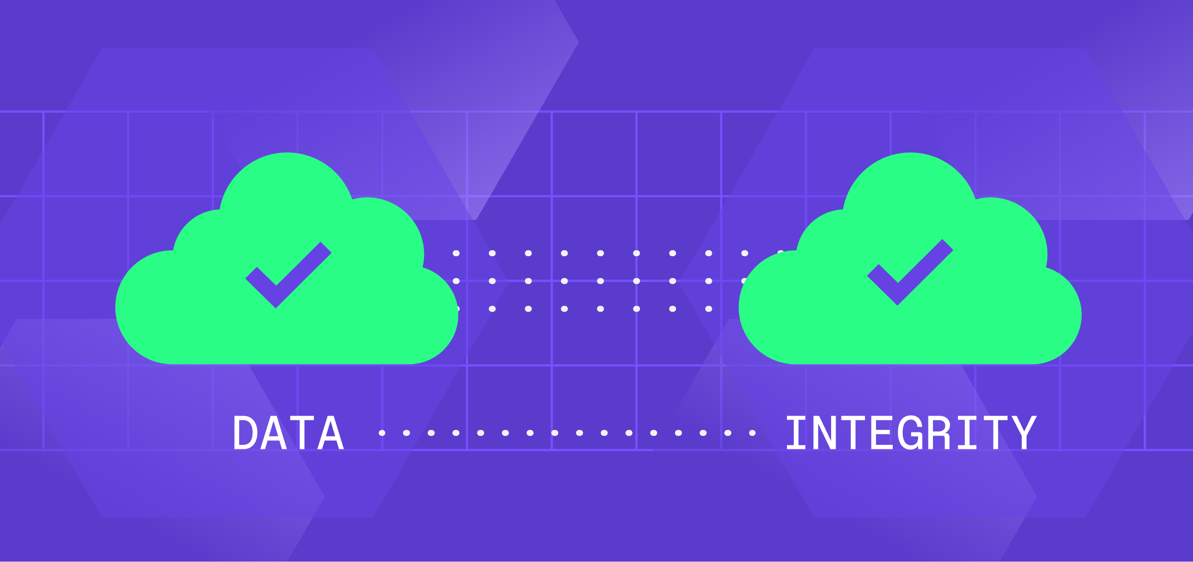 a purple background with two green clouds and the words data integrity